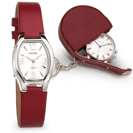 Ladies Red Leather Strap Watch & Clock Set, Silver Dial