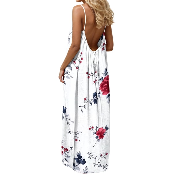 TaTaai Womens Printed Long Maxi Dress Spaghetti Strap Backless Loose Fit Sleeveless Casual Solid Color Soft Lightweight Comfortable for Summer Daily Beach Gift