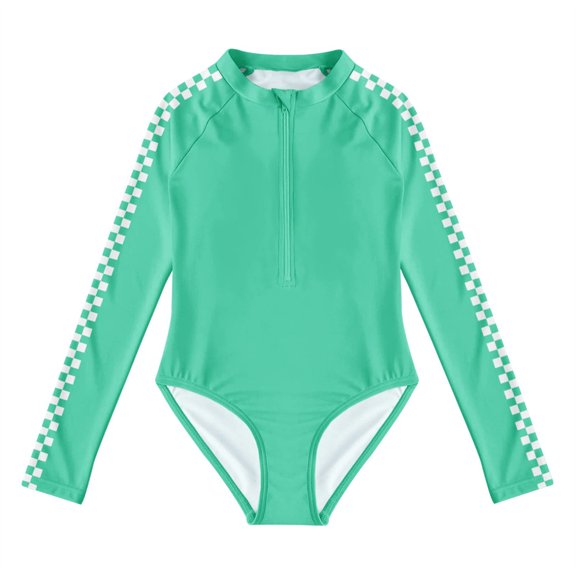 LANGWYQU Plaid Print Girls Kids Long Sleeve One Piece Swimsuit Children Zipper Bathsuit
