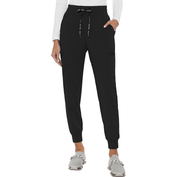 Med Couture Women's Cargo Scrub Jogger Pants, 6 Pockets, Ultra Soft, Stretch, Easy Care Soft Medical Uniform Bottoms - MC7705P, M Petite, Black