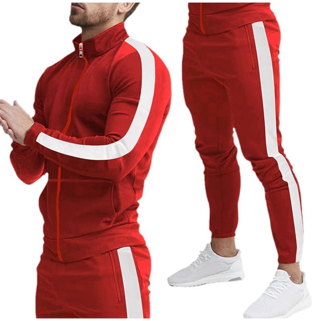 Viluyesy Survêtements pour Hommes 2 Pcs Ensembles Fermeture Éclair Complète Manches Longues Veste Décontractée Randonnée Athlétique Jogging Pantalons de Survêtement Ensembles 2 Pcs Hommes Rouge G