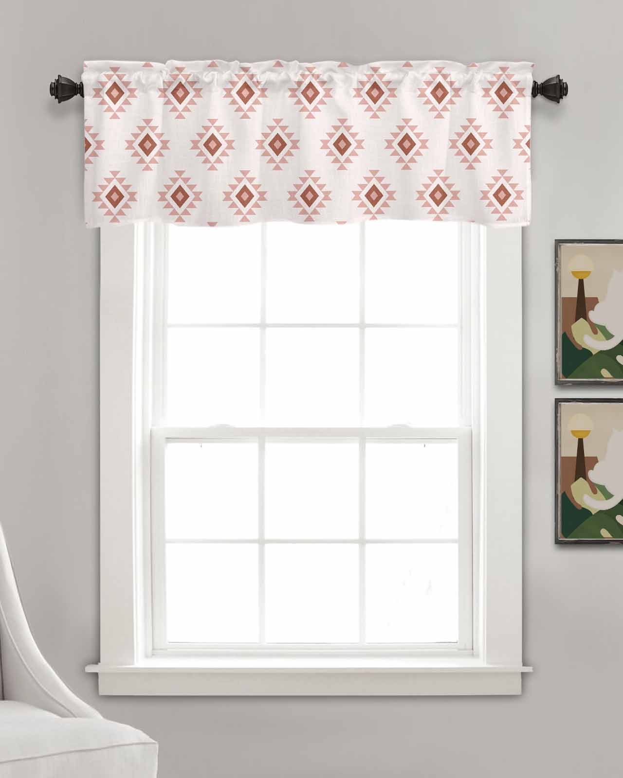 White Boho Geometric Kitchen Valances for Windows Farmhouse Linen Window Valance Curtain for Living Room Window Treatment Modern Simple Aztec Ethnic Pattern Valance Rod Pocket Topper, 42 x 18 Inch