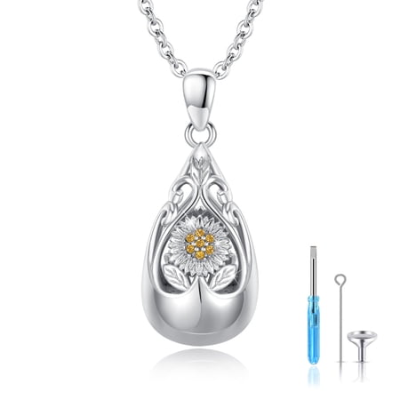 TRISHULA 925 Sterling Silver Sunflower Urn Necklace for Ashes, Teardrop Memorial Jewelry Gift for Women