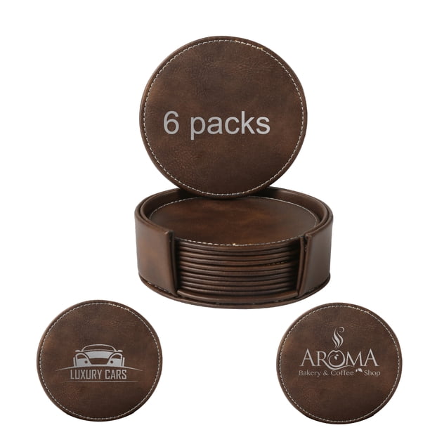 Juego de 6 Posavasos de Cuero Personalizados para Bebidas con Soporte ,Marrón Oscuro