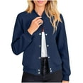 thumbnail image 4 of ZQGJB Women Bomber Jacket Lightweight Casual Button Down Long Sleeve Mock Neck Varsity Jackets Shackets with Pockets Fashion Outwear Coat Dark Blue XL, 4 of 8