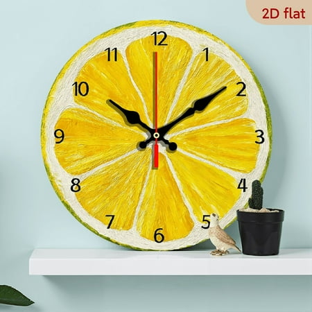 2D Flat 1pc 10Inch Wooden Silent Wall Clock - Print, Lemon Slices Design, Round Analog Clock for Kitchen, Dining Room, Living Room Decor, Ideal Gift for Fruit Lovers (Battery Not Included)