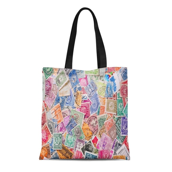 LADDKE Canvas Tote Bag Philately Old Postage Stamps From Various Countries As Collector Durable Reusable Shopping Shoulder Grocery Bag