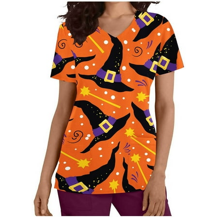 

CYMMPU Short Sleeve Scrub_Tops with Pockets Clearance Women s V-Neck Working Uniform Shirts Halloween Fashion Trendy Clothing Summer Tunic Retro Black Spider Graphic Orange XXL