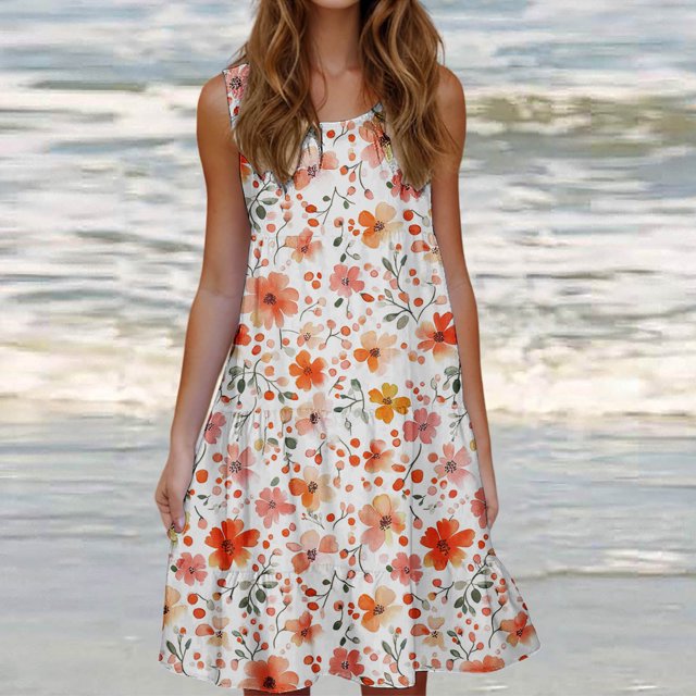 Ovzne Robes pour Femmes 2025 Robe de Plage Mode Féminine Vacances Été Couleur Unie Sans Manches Robe de Soirée Plage Grande Taille Robe Maxi Imprimée Liquidation