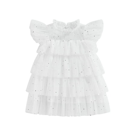 

Toddler Baby Girls Dress Stars Moon Sequins Fly Sleeve Princess Dress Summer Layered Ruffles Birthday Party Tulle Dress