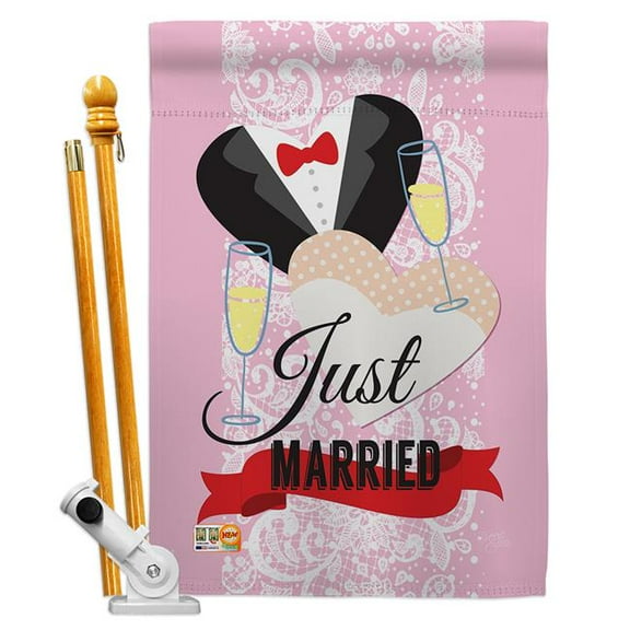 Breeze Decor BD-FY-HS-115102-IP-BO-D-US15-BD 28 x 40 in. Just Married Special Occasion Family Impressions Decorative Vertical Double Sided House Flag Set with Pole Bracket & Hardware