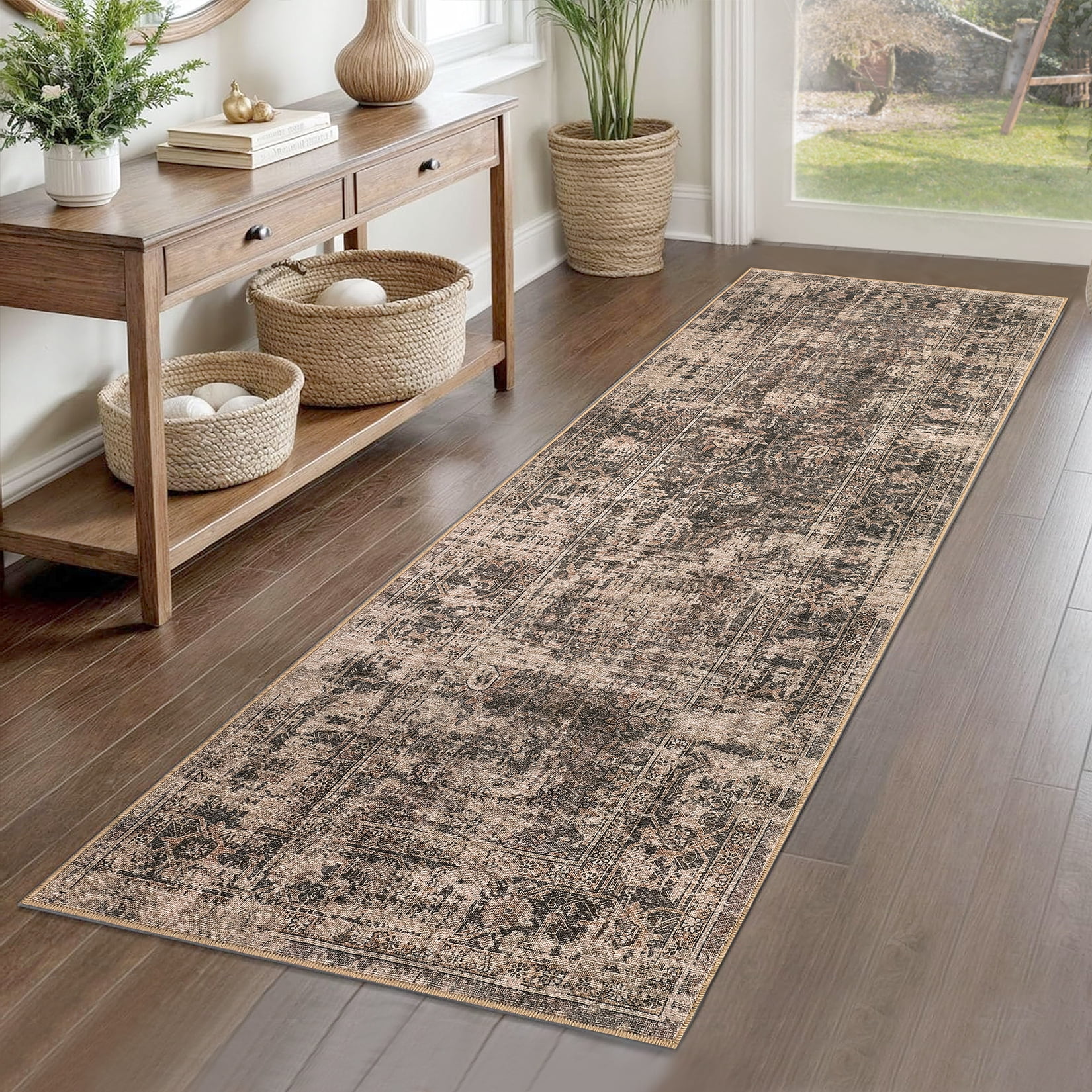 FairOnly Red Brown Oriental Distressed 2'x6' Runner Rugs Vintge Non Slip Low Pile Carpet for Hallway Bathroom Kitchen Bedroom