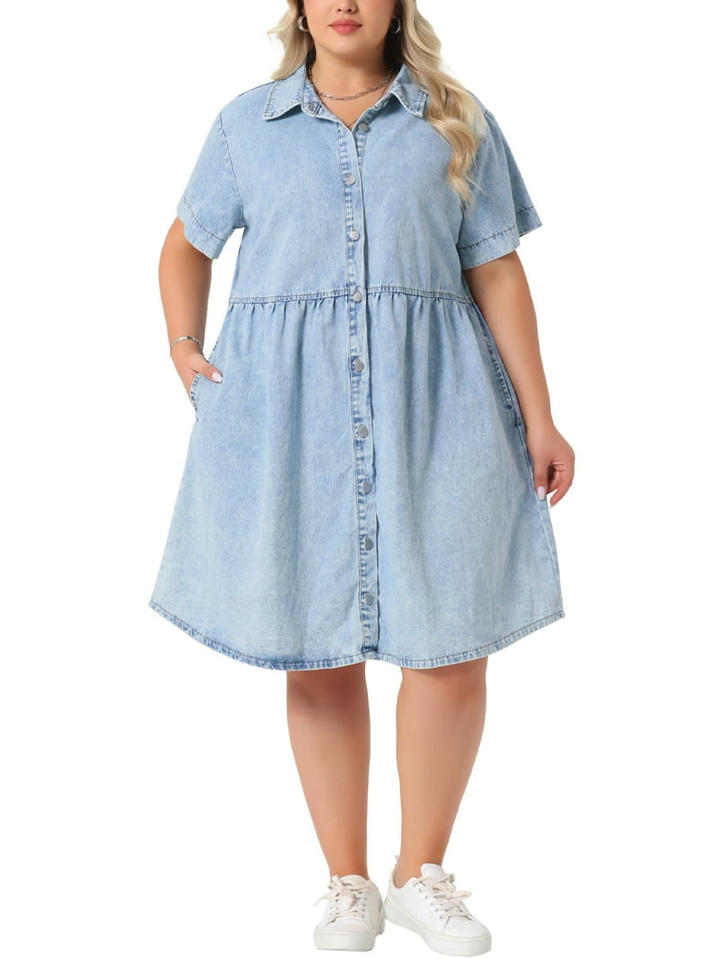 Agnes Orinda Women's Plus Size Halloween Outfits School College Babydoll Denim Dress Button Down Lapel Short Sleeves Casual Jean Shirt Dresses with