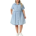 thumbnail image 2 of Agnes Orinda Women's Plus Size Babydoll Denim Dress Tiered Button Down Lapel Short Sleeve Casual Jean Shirt Dresses with Pockets 1X Light Blue, 2 of 5