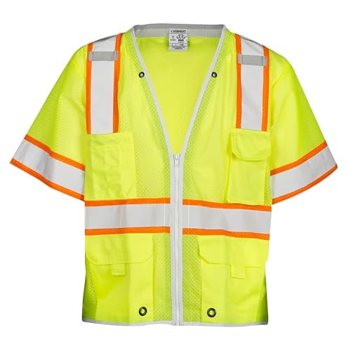 Kishigo Unisex High Visibility Reflective Premium Brilliant Series Heavy Duty Vest 1550, Zipper Closure, Polyester, ANSI 107 Type R / Class 3, Construction, Roadwork, Utility (Lime, M)