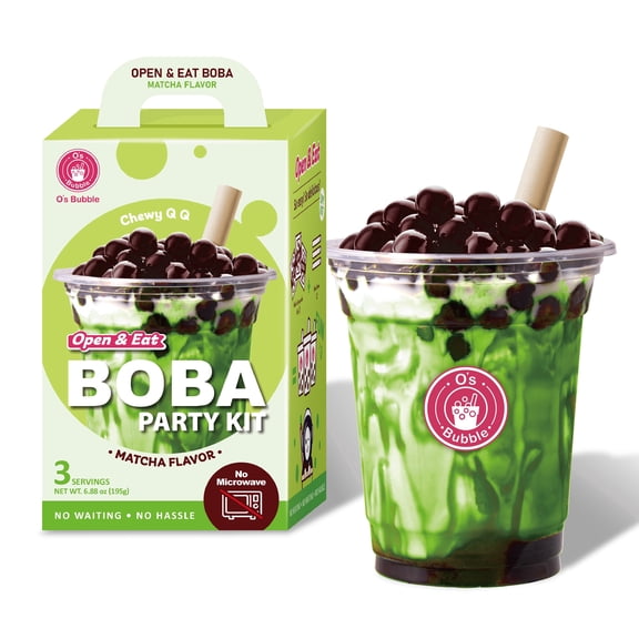 O's Bubble Boba Party Kit Matcha Bubble Tea Open to Eat with Cups and Straws 3 Servings Party Set for Home, Gifts & Kids (No Microwave Version 3.0)