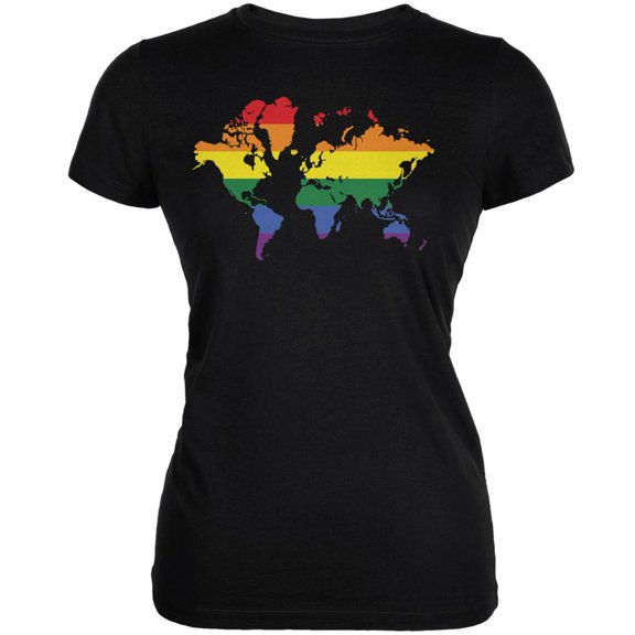 LGBT Rainbow World Map Black Juniors Soft T-Shirt - X-Large