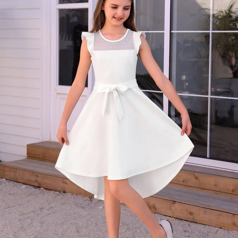 Xyxonk Girls Black Dress Summer Casual Party Dresses Ruffle Sleeve Mesh A  Line Dress with Pockets Belted Solid Color dress 5-14 Years White -  Walmart.com
