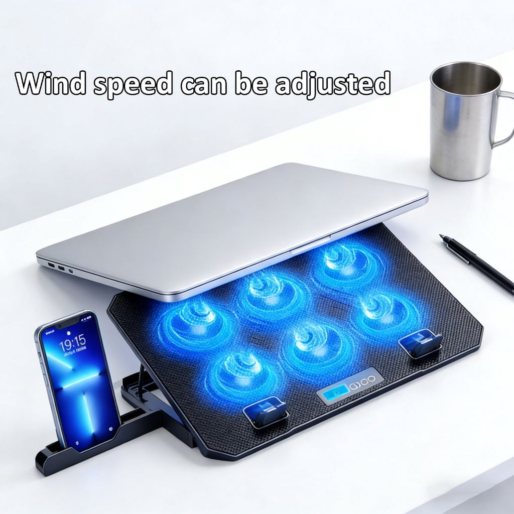 Laptop Cooling Pad LED Gaming Laptop Cooling 6 Quiet Fan Adjustable Height Stand with 2 USB Port Phone Holder