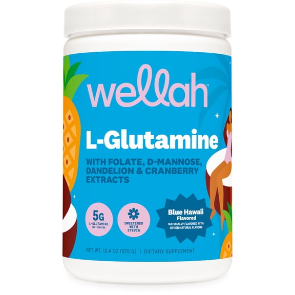 Wellah L-Glutamine Blue Hawaii Powder (50 Servings) - 5g L-Glutamine per Serving, Sweetened with Stevia
