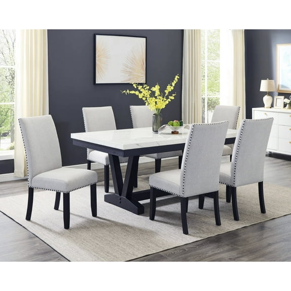 7Pc Dining Set White Faux Marble Table Upholstered Chair Wooden Furniture Black Gray