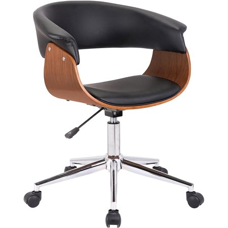 Armen Living Bellevue Mid-Century Office Chair in Chrome Finish with Black Faux Leather and Walnut Veneer