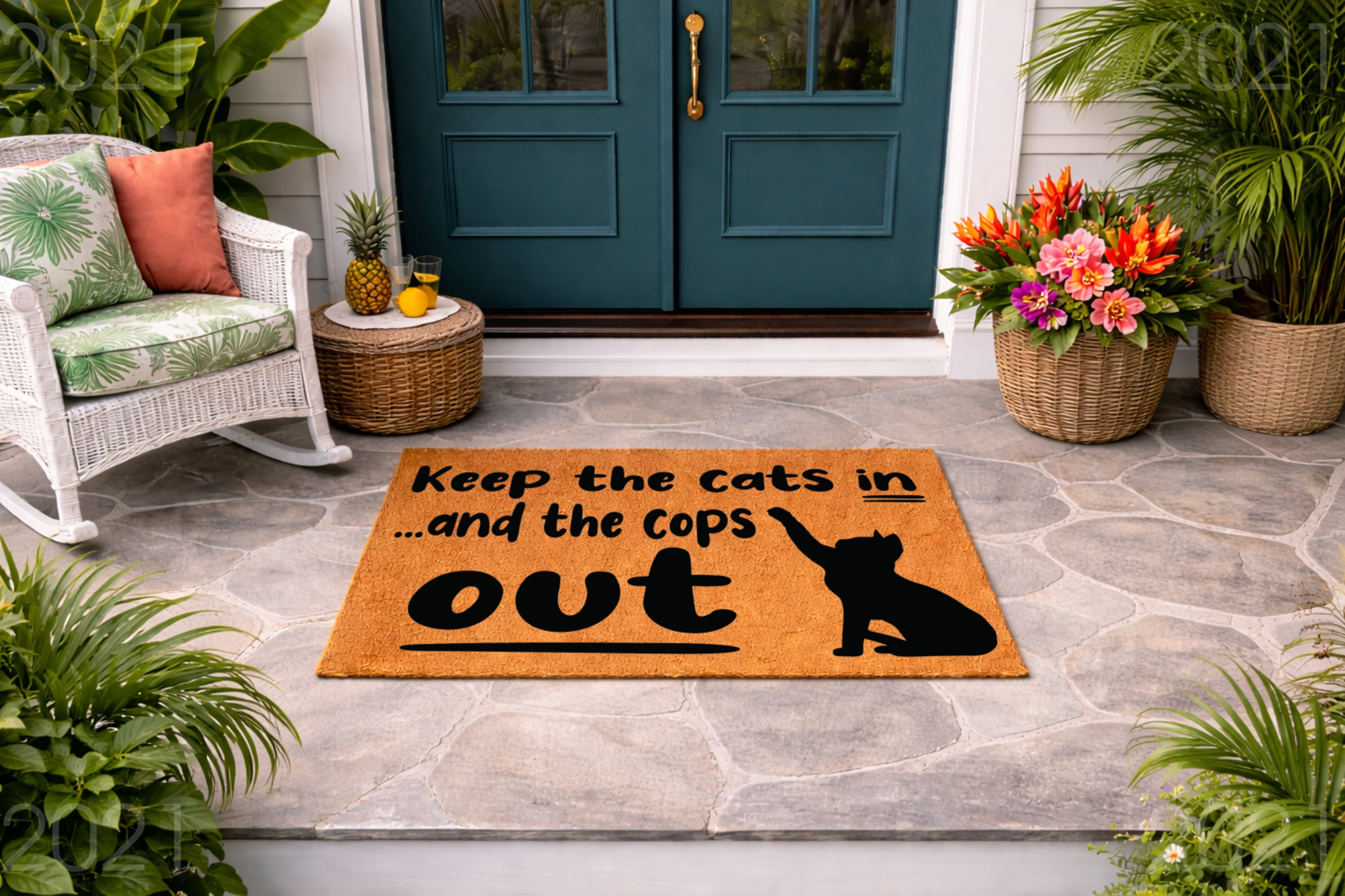 Keep The Cats In And The Cops Out - Brown Coir PVC Outdoor Doormat (24x36 inches)