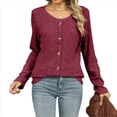thumbnail image 3 of Suéteres Ligeros para Mujer 2025, Camiseta Henley de Larga, Blusa Informal de Cuello Redondo para Otoño. Vino Tinto M, 3 of 10
