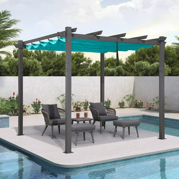 PURPLE LEAF Pergola 10 Pieds X 10 Pieds Pergola Extérieure Rétractable avec Auvent Pare-Soleil pour Patio, Treillis Métallique pour Vigne, Abri de Gril, Pergola pour Porche, Jardin, Cour, Bleu Turquoise