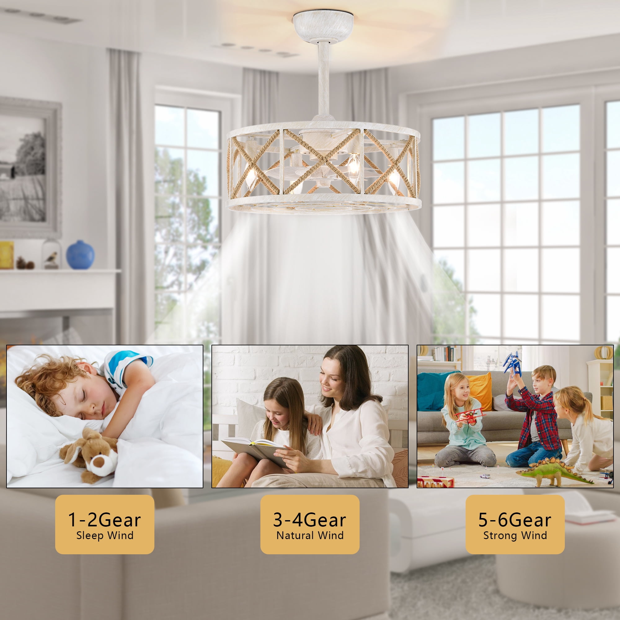 Maxax 18.9" Farmhouse Ceiling Fan with Lights, Vintage White 7-Blade Fan, 6-Speed Remote, Reversible Motor, 4 E12 Sockets, Bedroom Dining Room Living Room