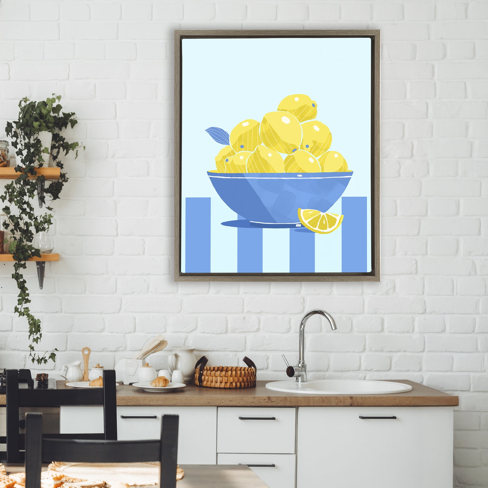 Stupell Industries Yellow Lemon Bowl Striped Brown Framed Floater Canvas Wall Art, design by Lucca Sheppard