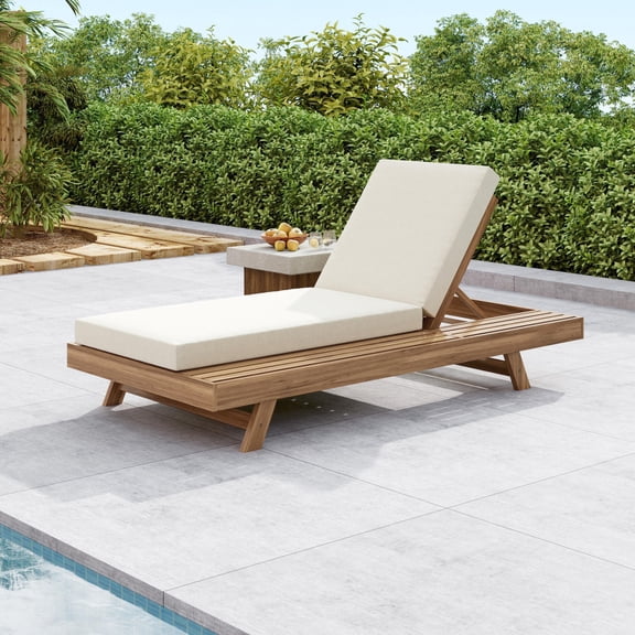 Gearwell Chaise Lounge Set, Acacia Wood Outdoor Daybed with 4 Inch Cream Water-Resistant Cushion, Light Brown Poolside Recliner for Backyard Patio Garden Deck