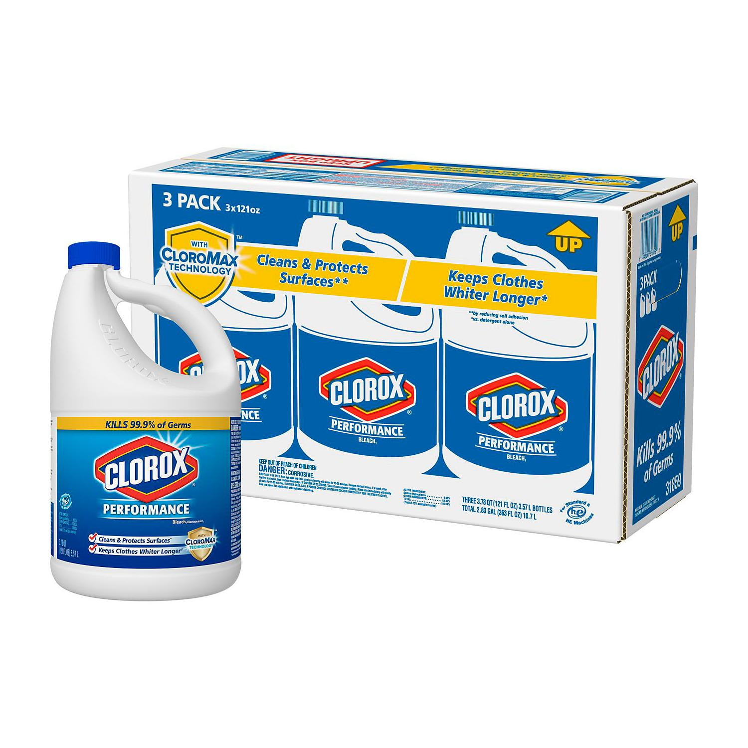 Clorox Performance Bleach with Cloromax, 3 Pack, 121 Ounce Bottles