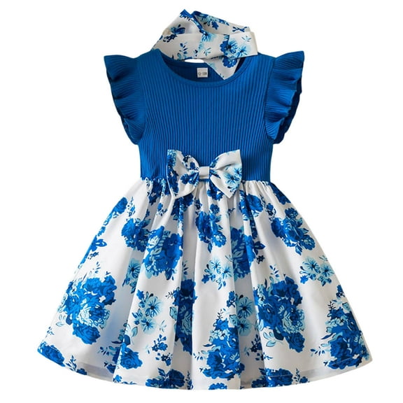 Fozruso Summer Girls Dresses Toddler Children Girls Fly Sleeve Flowers Prints Bowknot Dresses Clothes Headband Suit Sizes 9-12 Months