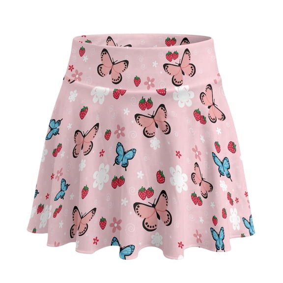 Whosucclay Polyester Spandex Blend Golf Skirts for Training Tennis Travel, 2 Side Pockets Built-in Shorts Athletic Skorts, Butterflies Strawberries, Size Small