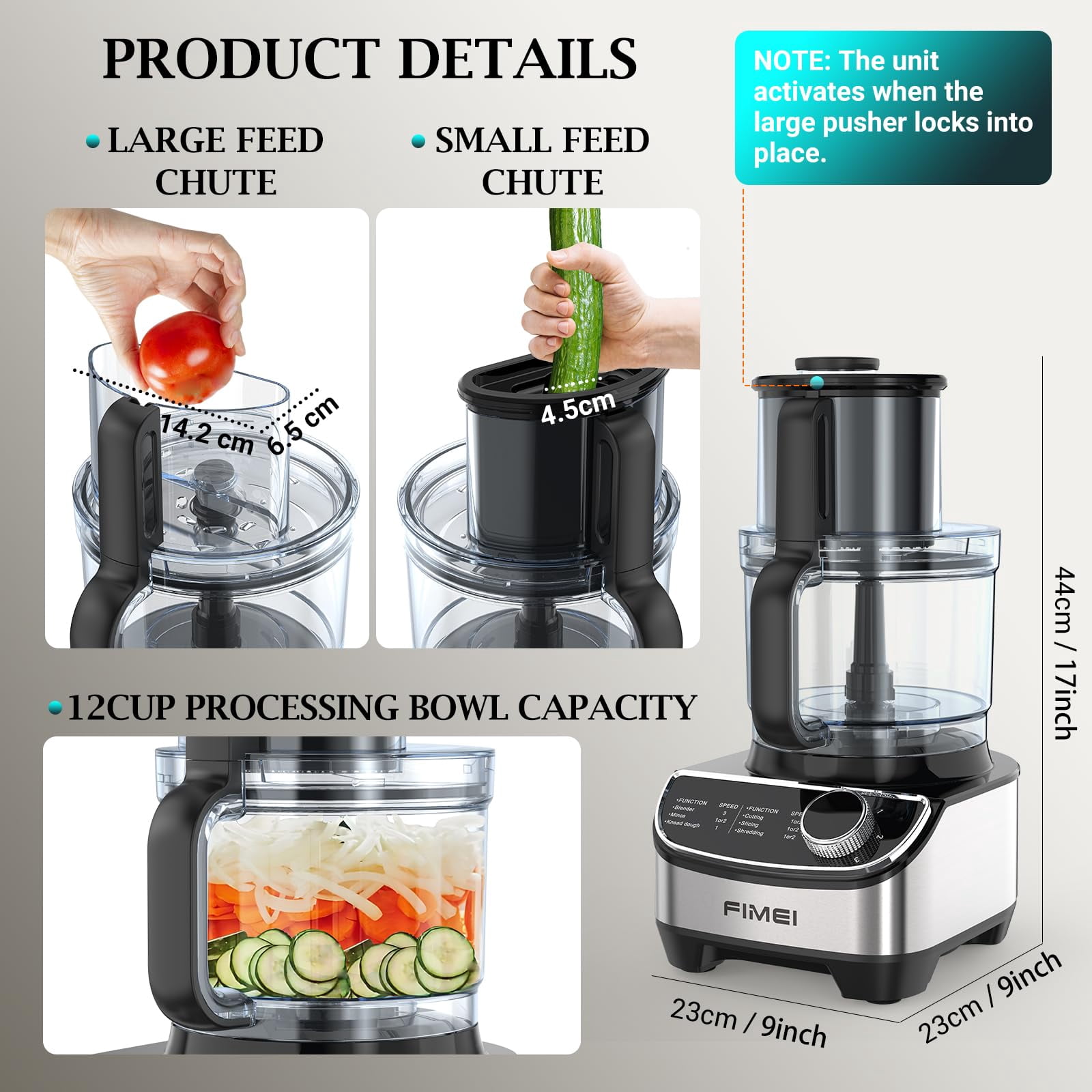 Food Processor 12-Cup with 600W Motor, Compact Kitchen Chopper & Mixer Triple Lock Safety, BPA-Free for Chopping, Slicing, Mixing, Dough