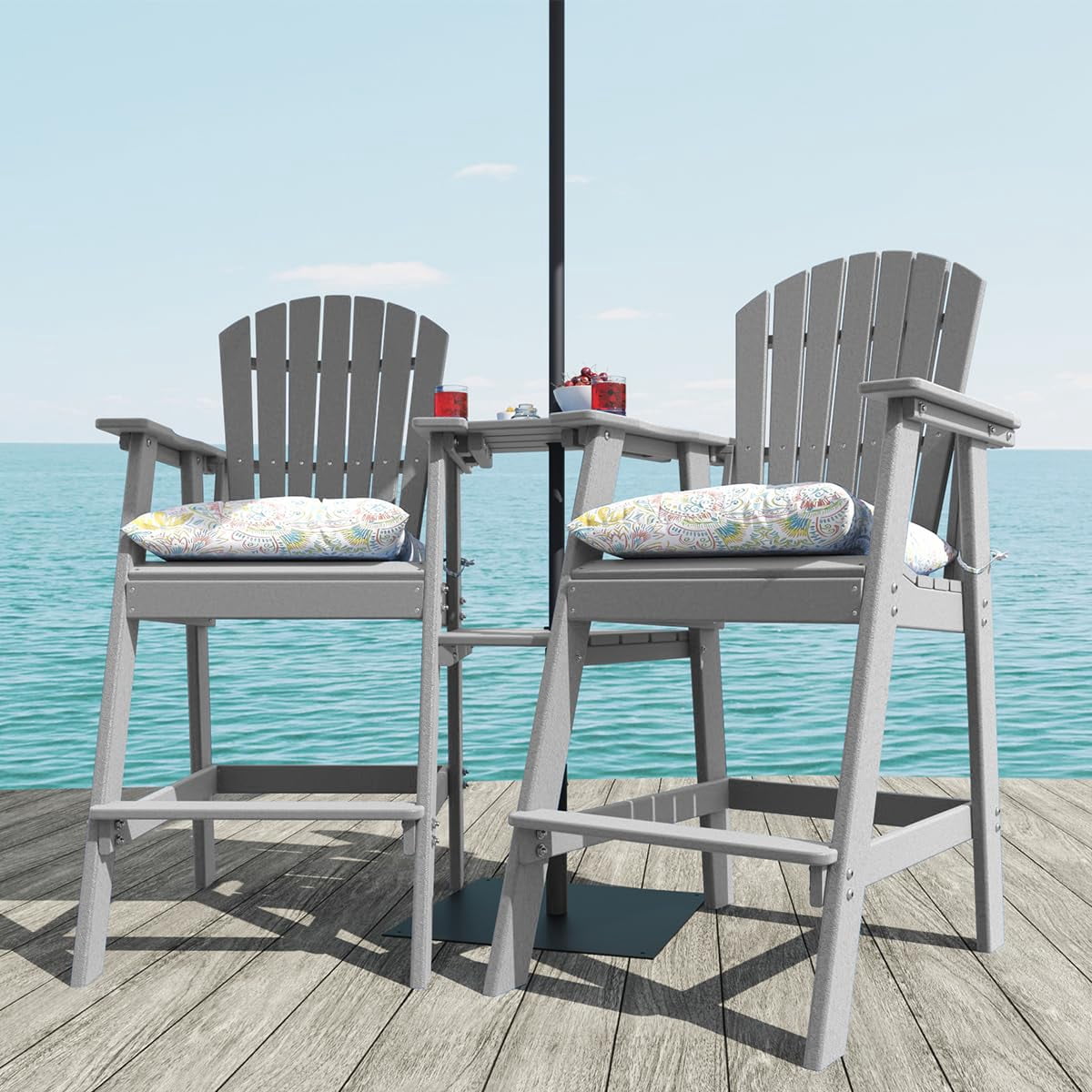 Tall Adirondack Chairs Set of 2 with Table, Patio HDPE Bar Set, 3 PCS Counter Height Dining Bistro Set, Pub Table with Stools, 2 Umbrella Hole Caps, Medium Gray