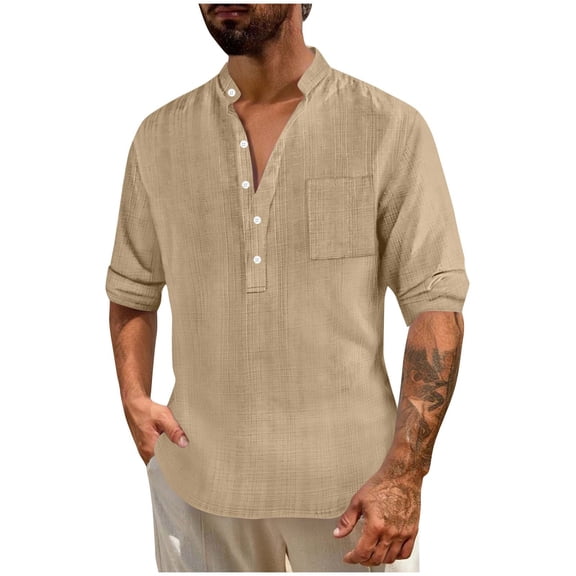 VSSSJ Men's Casual Long Sleeve Henley Shirts Linen Relaxed Fit Button Up Pocket Band Collar Hippie Beach Vacation T-Shirt Tops Khaki L