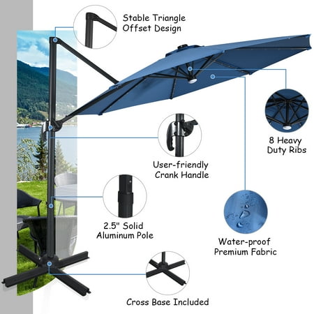 Costway 10ft Solar Led Cantilever Offset Patio Umbrella 360dgrees Rotation Aluminum Blue Walmart Canada