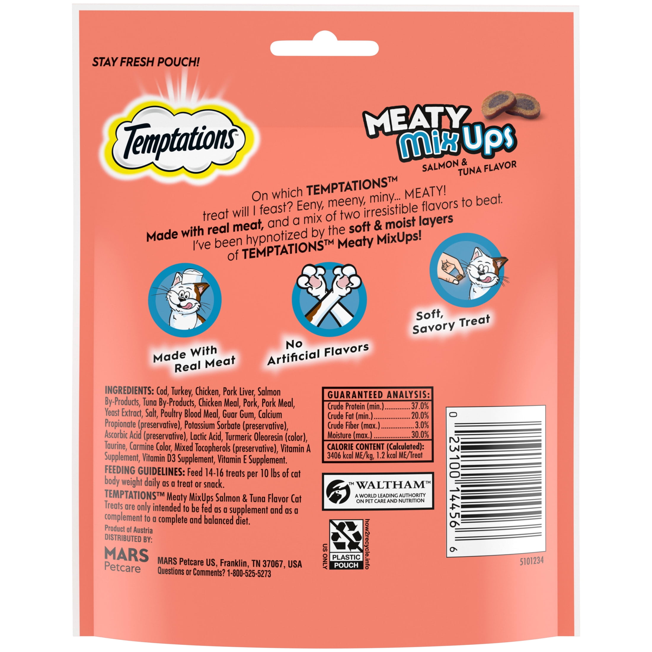 Temptations Meaty MixUps Salmon and Tuna Crunchy and Soft Cat Treats for Adult Cats, 4.12 oz Pouch