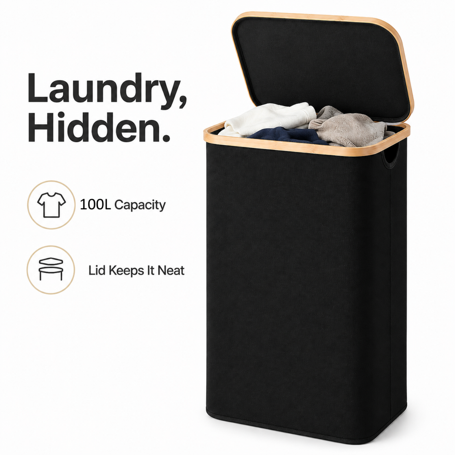Foukus 100L Large Laundry Hamper with Lid, Black photo 2