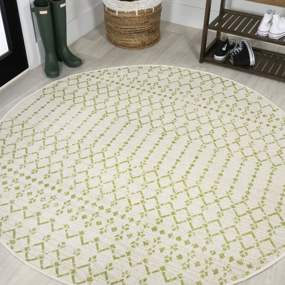 JONATHAN Y SANTA MONICA 5' Round Area Rug, Ourika Moroccan Geometric Textured Weave - Cream/Green, SMB108M-5R
