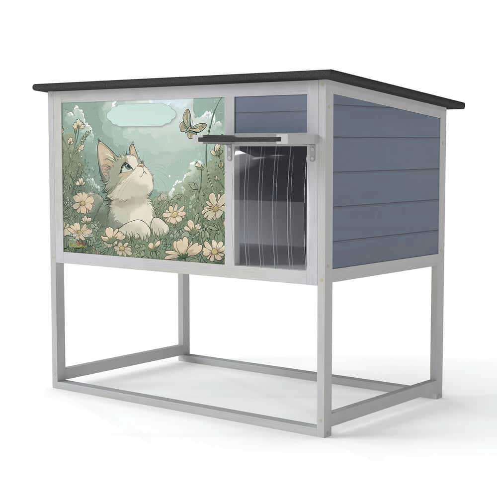 Yardi Yarda Weatherproof Outdoor Cat House with Highly Elevated Bottom, Elevated Feral Cat Shelter with High Legs and Curtained Door, Escape Door, Openable Top, Gray