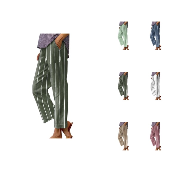 Beach Pants for Women 2026 Spring Summer Striped Elastic Waist Straight Leg Cotton Linen Cropped Pants with Pockets