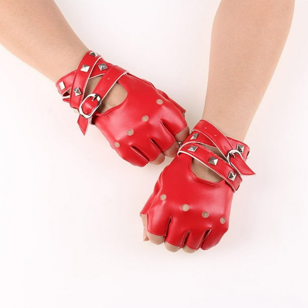 Faux Leather Fingerless Gloves Rivets Decor Hollow Out Punk Gloves