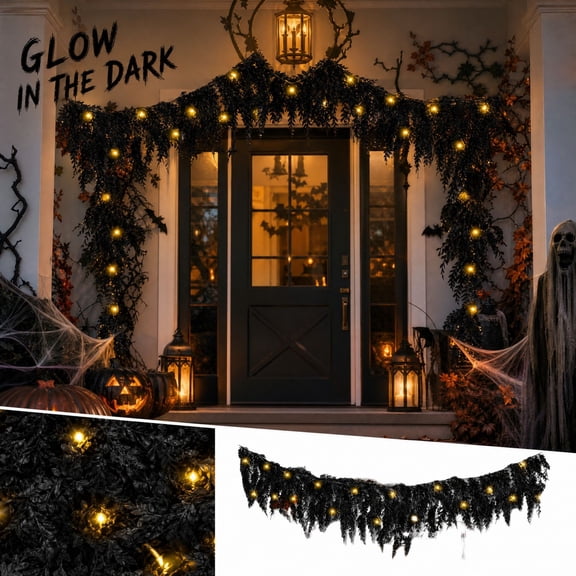 Battery Operated Halloween Decorations with Warm Led Lights, Hanging Halloween Decorations Outdoor for Porch Window Mantel, Black Web Decoration for Haunted House Party Decor