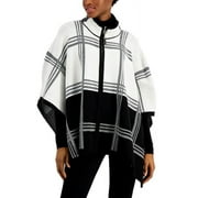 Anne Klein Women's Plaid Zip Front Poncho Sweater White Size Small