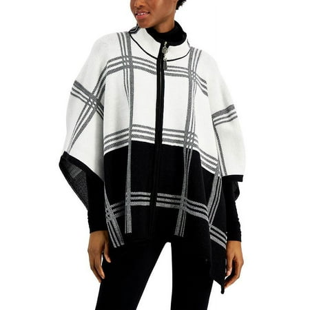 Anne Klein Women's Plaid Zip Front Poncho Sweater White Size Small