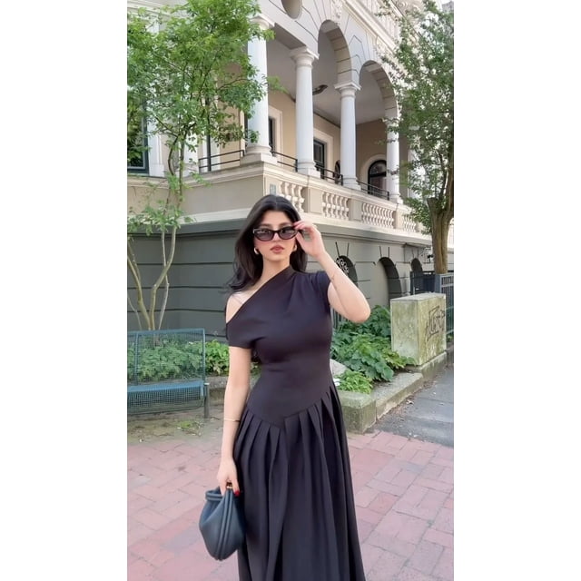 Vestido largo elegante de mujer, liso, con cuello Diagonal, diseño de telas combinadas con plisado, elegante, con una hilera de botones, manga corta, corte A, ropa de fiesta para mujer
