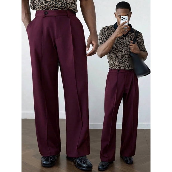 Men High Waist Wide Leg Trousers Front Pleat Loose Fit Tailored Office Workwear Dress Pants